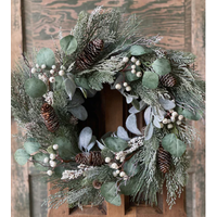22" White Yule Berry & Pine Wreath