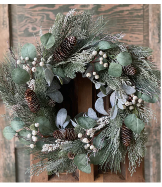 22" White Yule Berry & Pine Wreath