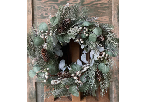  22" White Yule Berry & Pine Wreath 