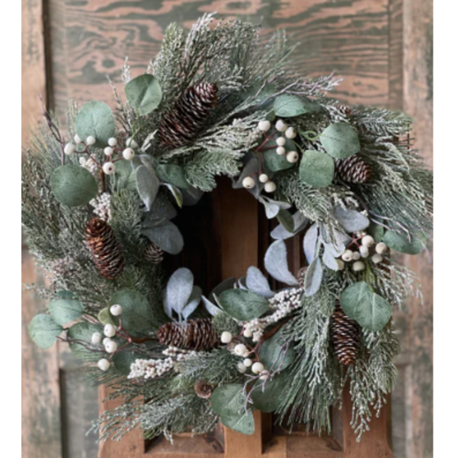 22" White Yule Berry & Pine Wreath