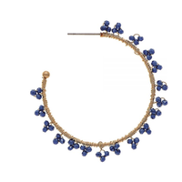 Gold Blue Bead Flower Post Hoop Earrings
