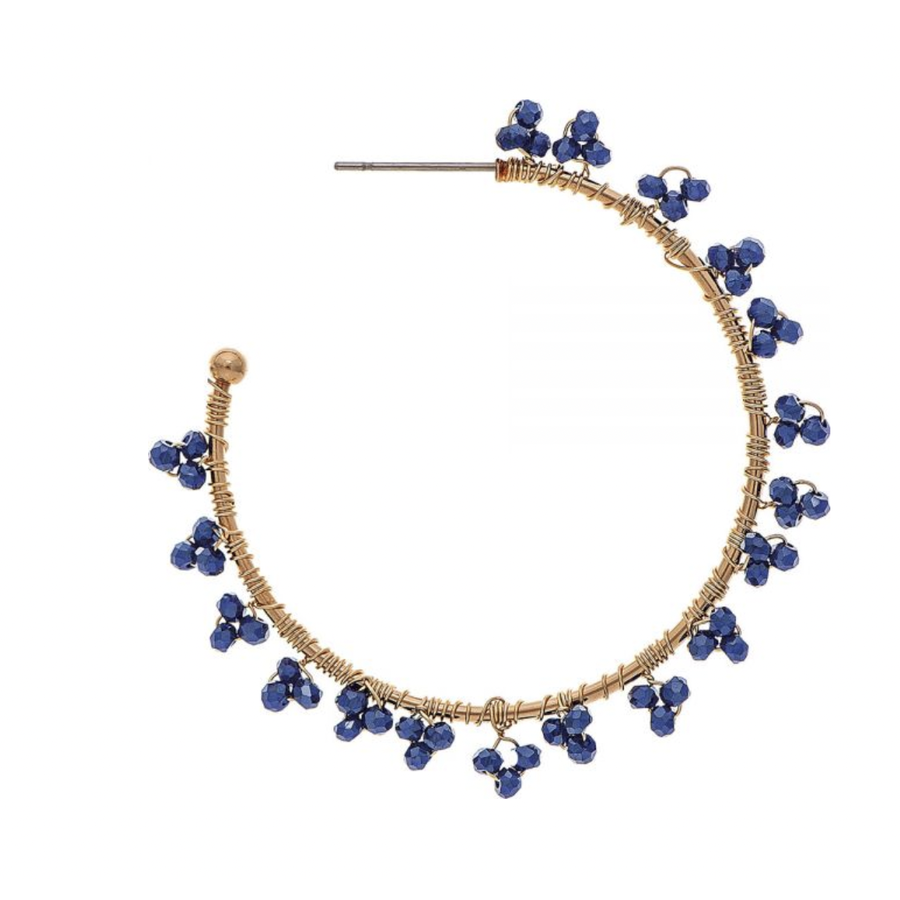 Gold Blue Bead Flower Post Hoop Earrings