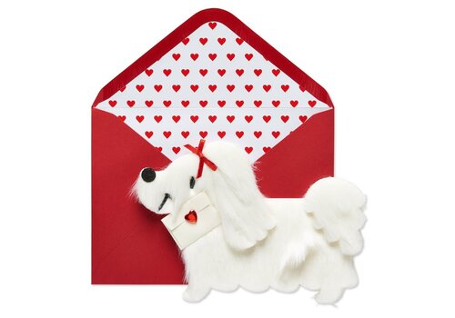  White Fur Dog w/ Letter Val Day Card 