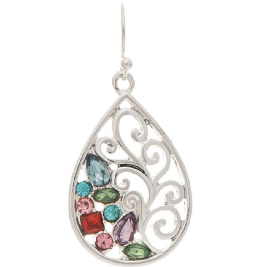 Silver Multicolor Sparkle Swirl Teardrop Earrings