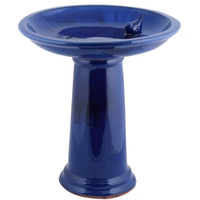 Blue Ceramic Pedestal Bird Bath with Bird