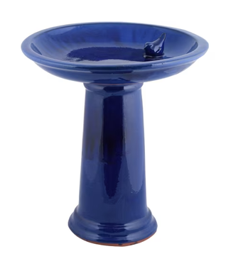 Bradley Caldwell, Inc Blue Ceramic Pedestal Bird Bath with Bird