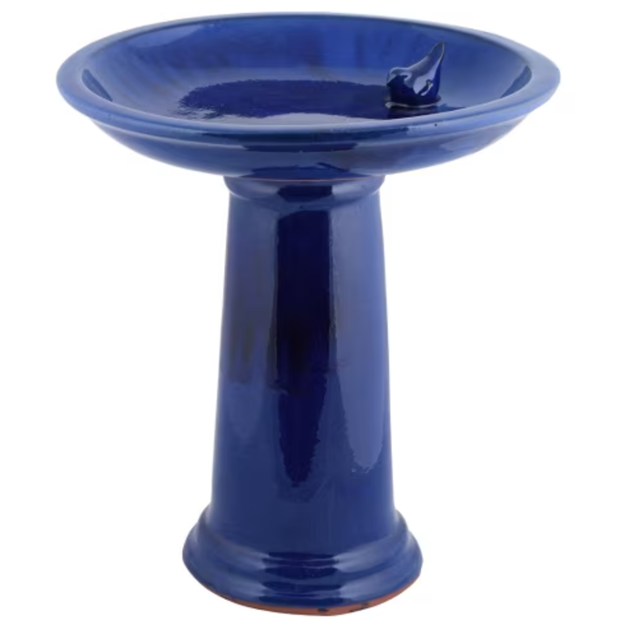 Blue Ceramic Pedestal Bird Bath with Bird