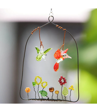 Whimsical Wire & Glass Two Small Hummingbirds over Glass Garden