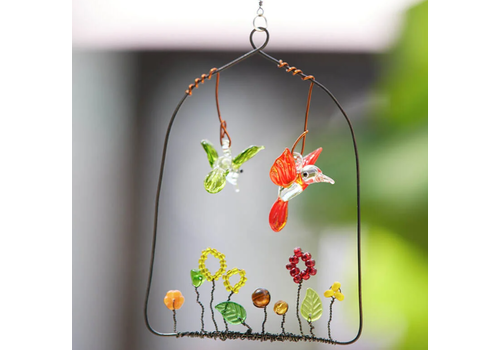  Whimsical Wire & Glass Two Small Hummingbirds over Glass Garden 
