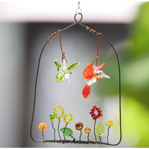  Whimsical Wire & Glass Two Small Hummingbirds over Glass Garden 