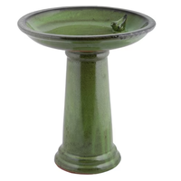 Green Ceramic Pedestal Bird Bath with Bird