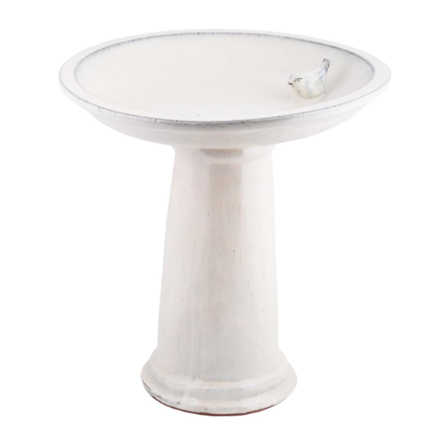 White Ceramic Pedestal Bird Bath with Bird