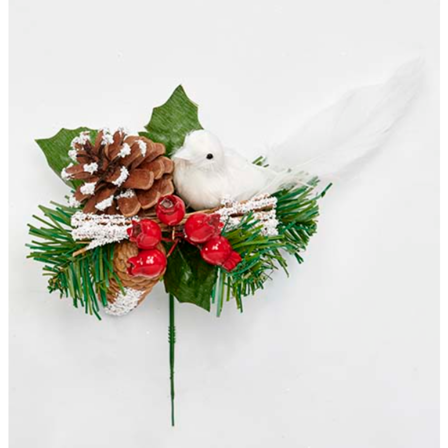 8" Dove Pine Cone & Berries Pick