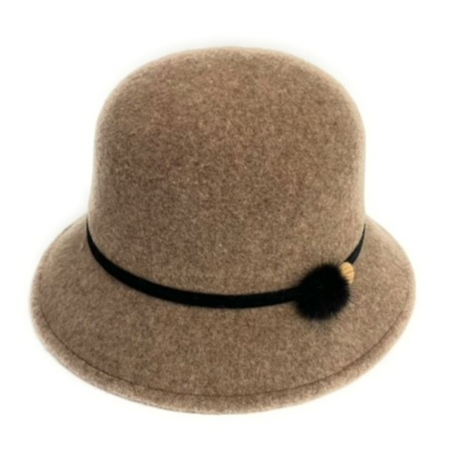 Wool Felt Cloche Hat w/ Button & Fur Trim - Bell Farm Shops