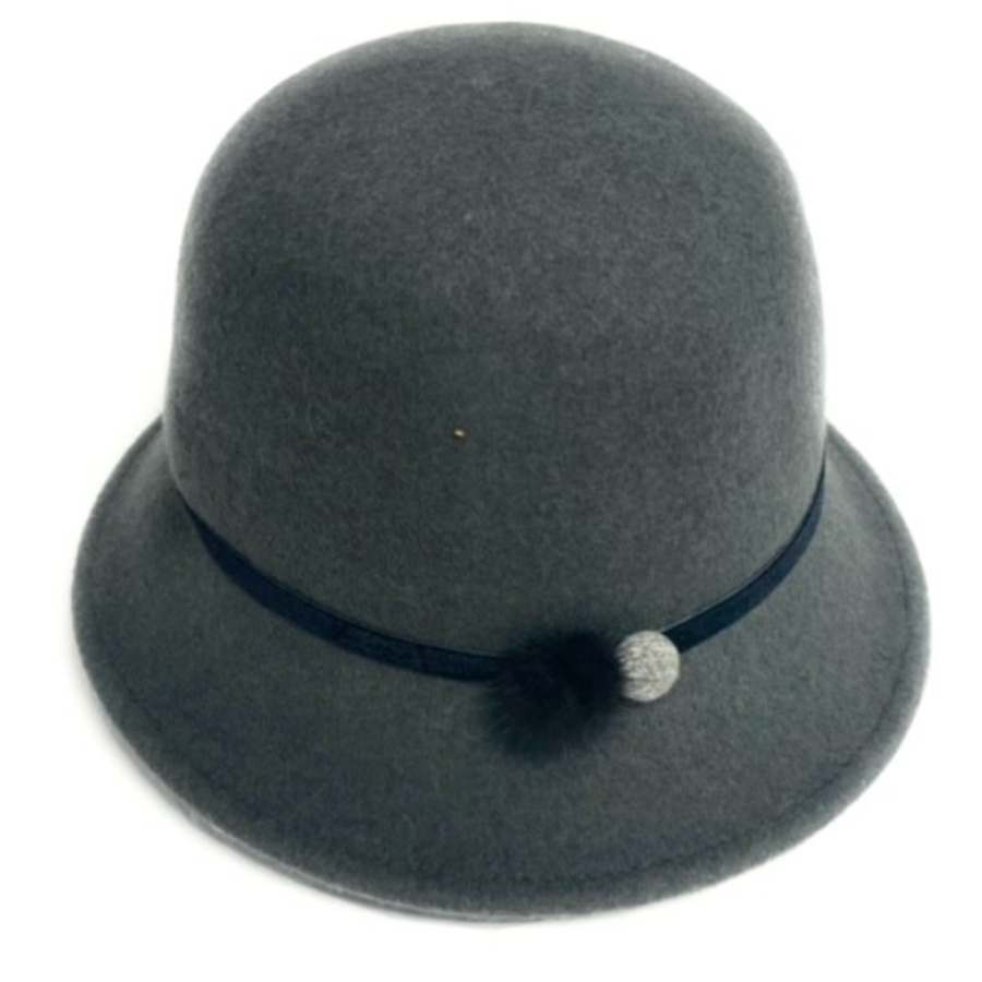 Wool Felt Cloche Hat with Button & Fur Trim