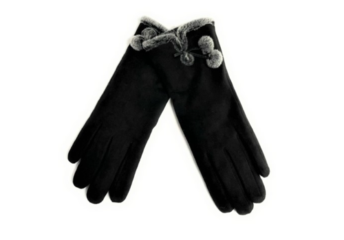 Shihreen Microsuede Glove with Pom Pom Trim   Shihreen Microsuede Glove with Pom Pom Trim