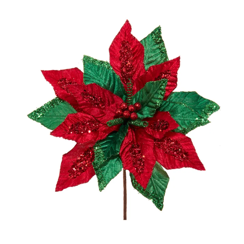  Kurt Adler Red & Green Velvet Poinsettia Pick 