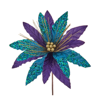 14" Purple/ Teal/ Gold Velvet Poinsettia Pick