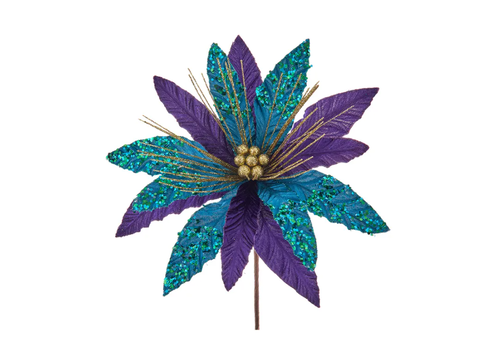  Kurt Adler 14" Purple/ Teal/ Gold Velvet Poinsettia Pick 