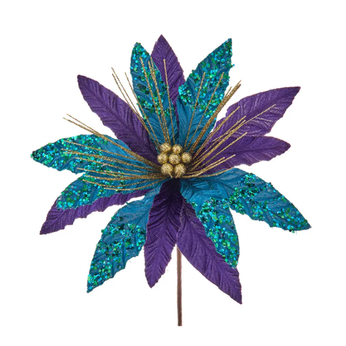 Kurt Adler 14" Purple/ Teal/ Gold Velvet Poinsettia Pick 
