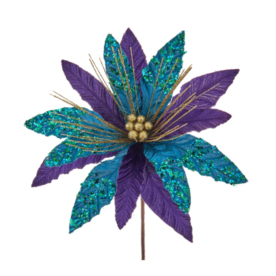 14" Purple/ Teal/ Gold Velvet Poinsettia Pick