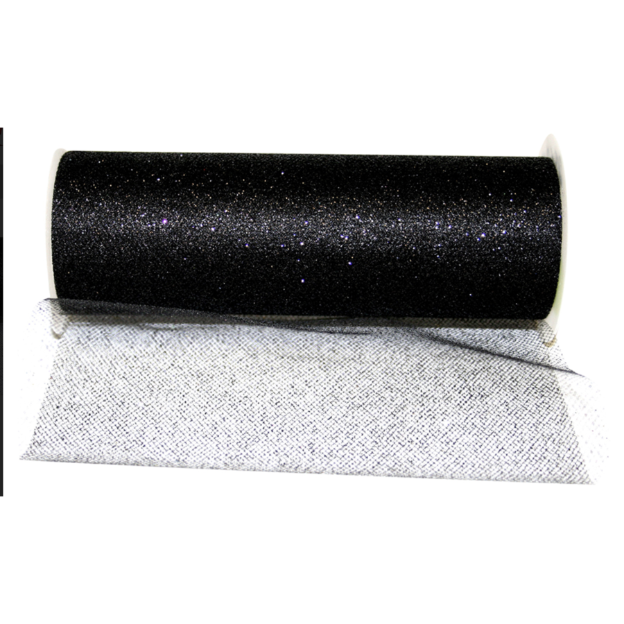 Glitter Tulle Standard Ribbon Black 6" wide per yard