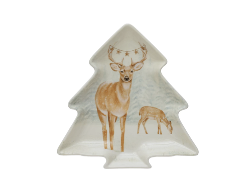  Creative Co-Op Stoneware Tree Shaped Plate with Deer 