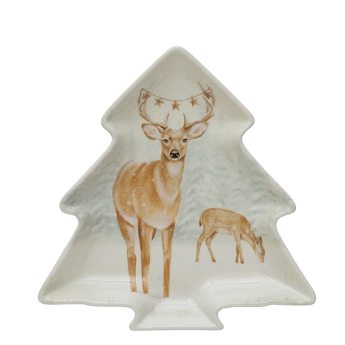  Creative Co-Op Stoneware Tree Shaped Plate with Deer 