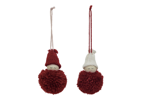 Creative Co-Op Fabric Pom Pom Person w/ Knit Hat Ornament 