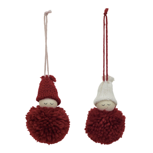  Creative Co-Op Fabric Pom Pom Person w/ Knit Hat Ornament 