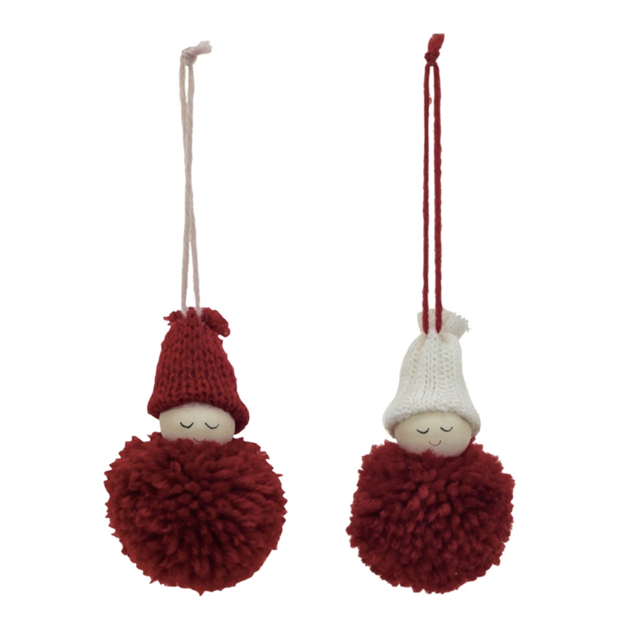 Fabric Pom Pom Person w/ Knit Hat Ornament