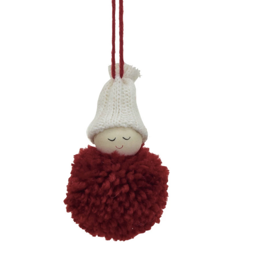 Fabric Pom Pom Person w/ Knit Hat Ornament