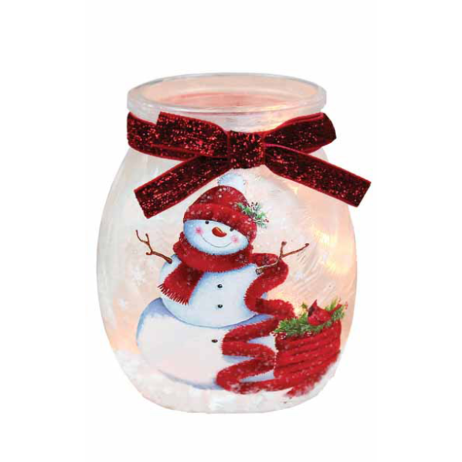 Cheerful Snowman Pre-Lit Small Jar with Ribbon