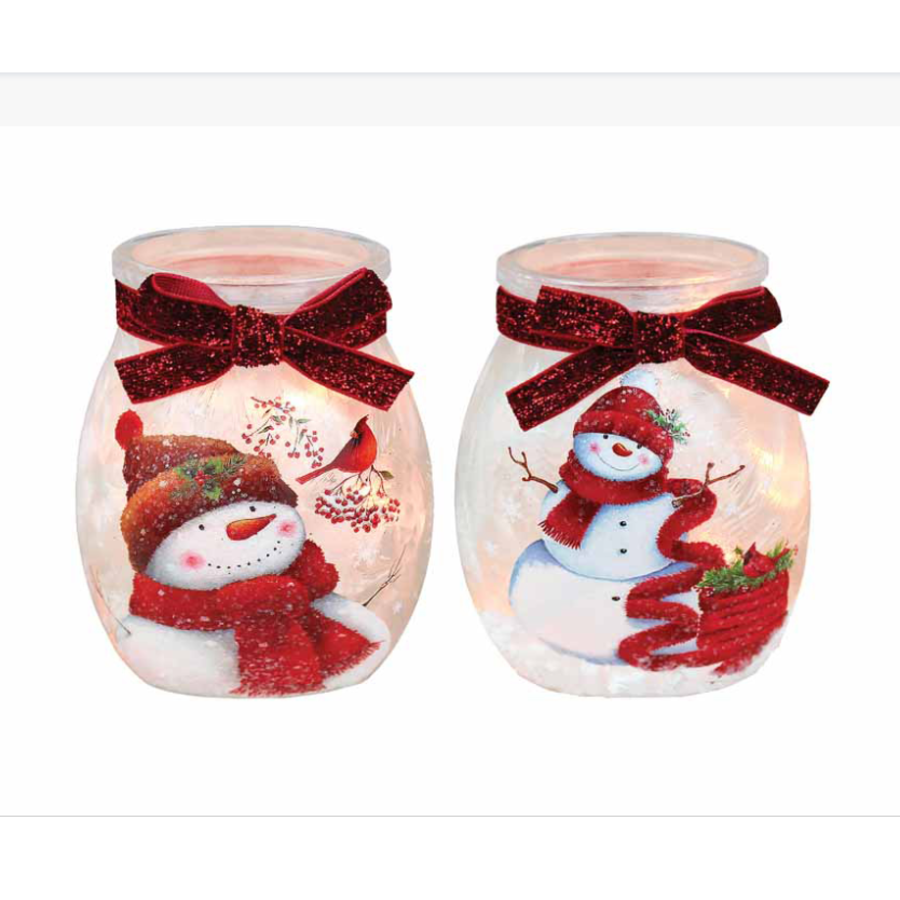 Cheerful Snowman Pre-Lit Small Jar with Ribbon