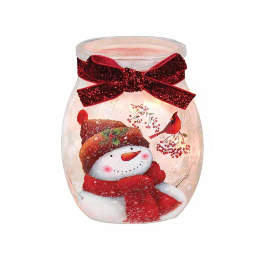 Cheerful Snowman Pre-Lit Small Jar with Ribbon