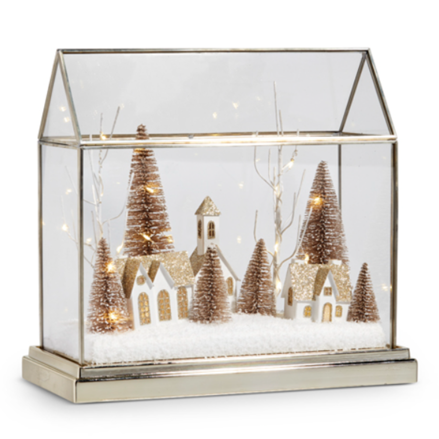 Lighted Snowy Village Terrarium 12.75"