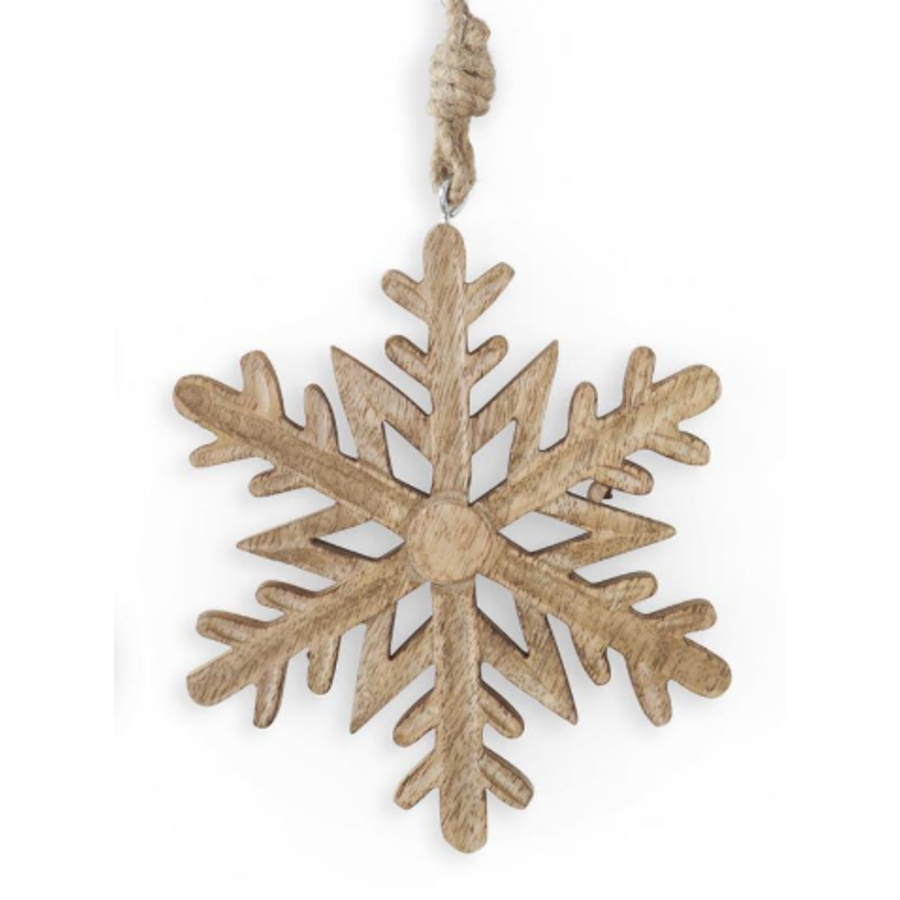 6" Mango Wood Snowflake Ornament with Jute Hanger