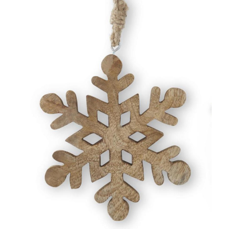 6" Mango Wood Snowflake Ornament with Jute Hanger