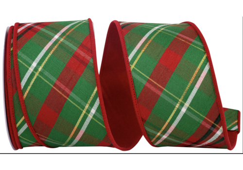  Reliant Ribbon Plaid Dupioni Verde Red Backed Red and Green 2.5" Ribbon  (per yard) 