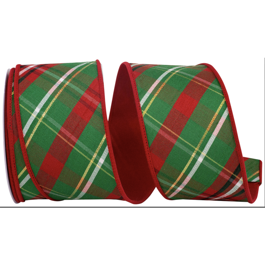 Plaid Dupioni Verde Red Backed Red and Green 2.5" Ribbon  (per yard)
