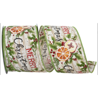 Merry Christmas Wood Planks Natural/Green 2.5" Ribbon (per yard)