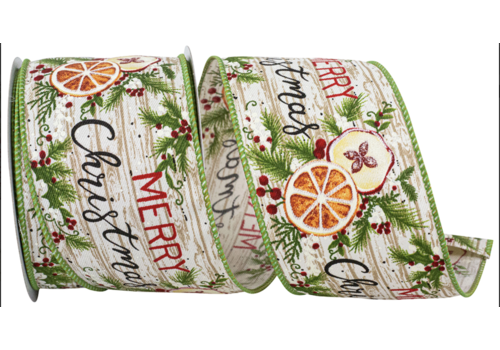 Reliant Ribbon Merry Christmas Wood Planks Natural/Green 2.5" Ribbon (per yard) 