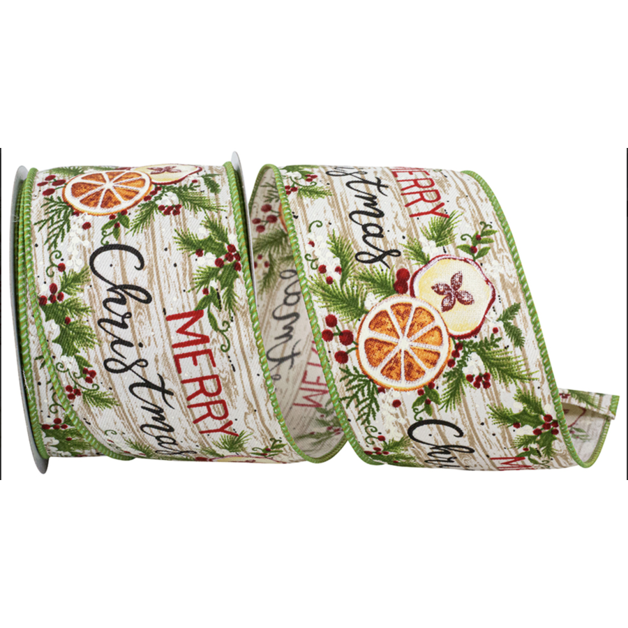 Merry Christmas Wood Planks Natural/Green 2.5" Ribbon (per yard)