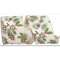 Acorn Snow Holly Glimmer Rustic Ivory/Gold 2.5" Ribbon (per yard)