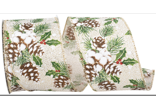  Reliant Ribbon Acorn Snow Holly Glimmer Rustic Ivory/Gold 2.5" Ribbon (per yard) 