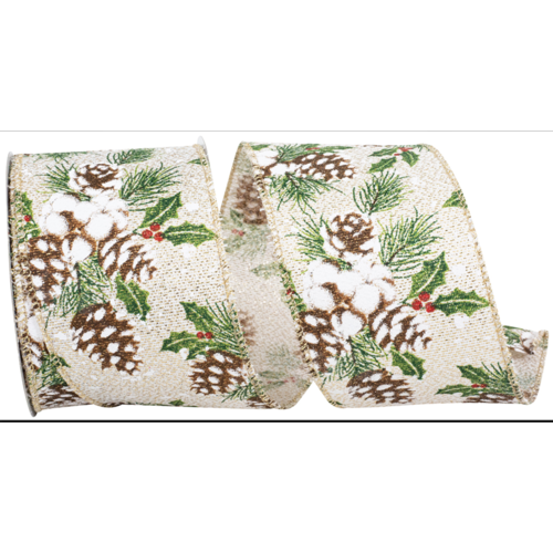  Reliant Ribbon Acorn Snow Holly Glimmer Rustic Ivory/Gold 2.5" Ribbon (per yard) 