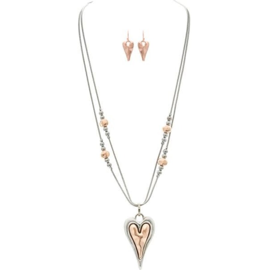 Silver Rose Gold Inset Heart Necklace Set
