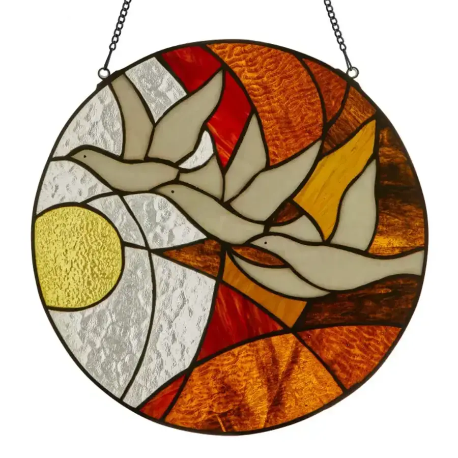 Doves at Sunset Round Stained Glass Window Panel