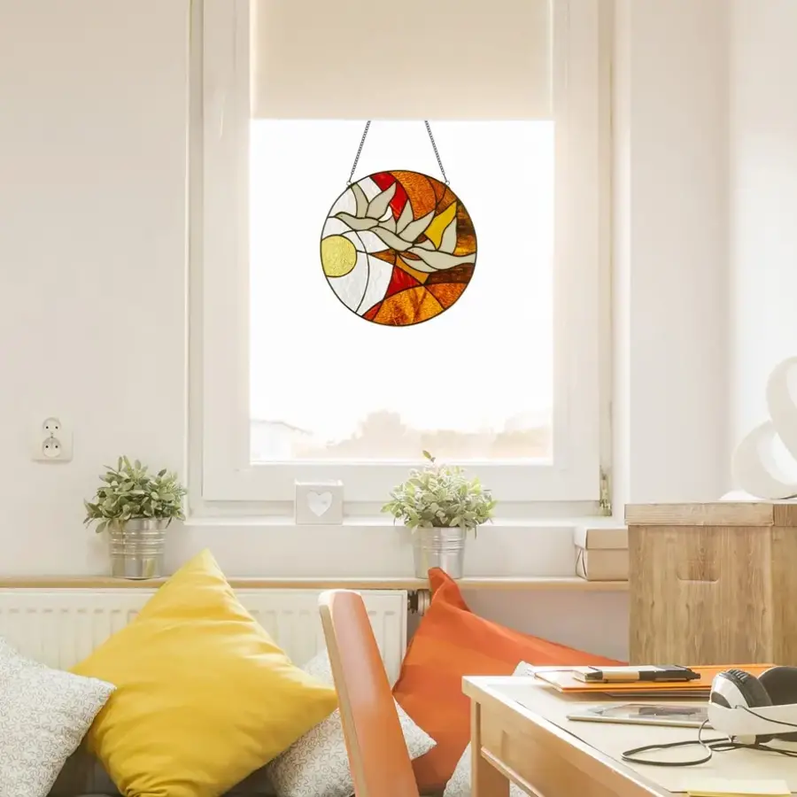 Doves at Sunset Round Stained Glass Window Panel
