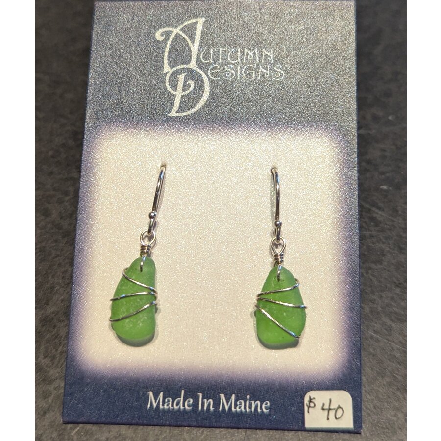 Green sea glass wrapped earrings